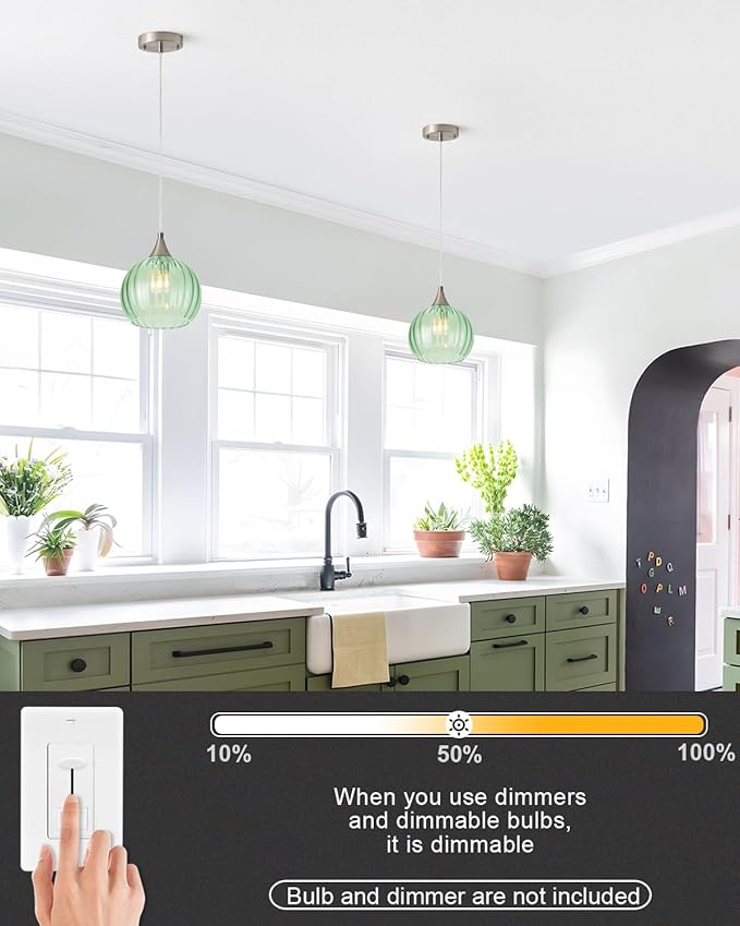 Brushed Nickel Pendant Lights Kitchen Island, Globe Pendant Light Fixtures with 8 Inch Clear Glass Shade, Modern Hanging Light Fixtures for Kitchen, Bedroom (1 Pack - Green Glass Pendant Light)