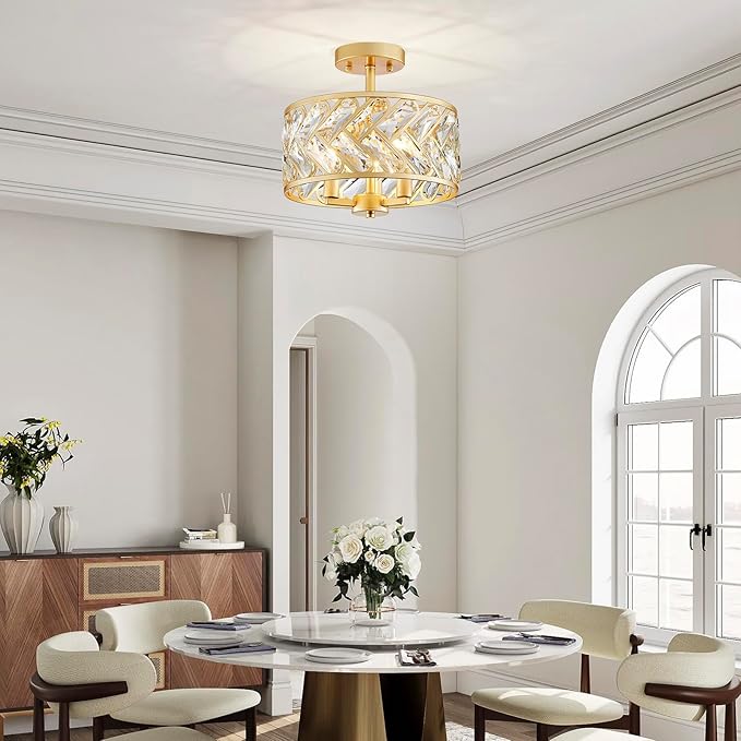 Shrine Lighting Crystal Ceiling Light, Gold Crystal Chandelier for Living Room, D12.4'' x H11.2'', E12*3 Sockets, Ctystal Lampshade & Gold Finish Frame