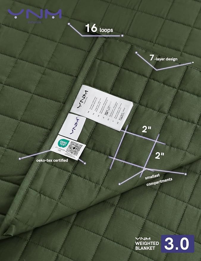 YnM 25lbs Weighted Blanket for Adults, Cotton Heavy Bed Throw Blanket with Cooling Glass Beads for All Season Use, Ideal for One Person of 240lbs (60x80 Inches, Queen Bed, Army Green)