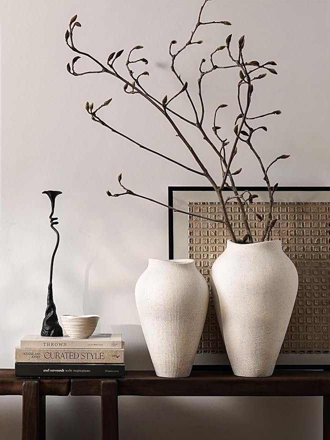 White Ceramic Vase - Large 13.6 Inch Tall Floor Vase for Centerpieces, Farmhouse Rustic Minimalist Home Decor for Living Room, Enterway, Wedding (Sandstone White)