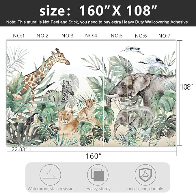 -Tropical Rainforest Plants Animals Tigers Fabric Wallpaper Jungle Plants Banana Leaves Boys Girls Kindergarten Children Bedroom Large Mural- 160"x108"（ not Peel and Stick）