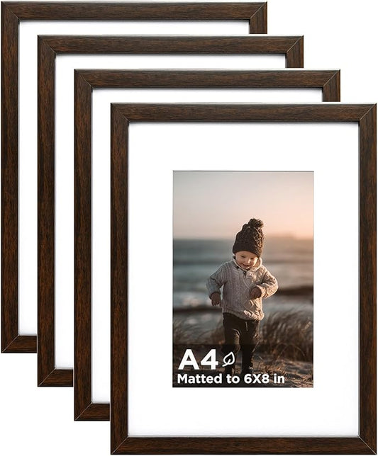 KINLINK A4 Frame Set of 4, Wooden 8.3 x 11.7 Frame with Plexiglass for A5 Picture with Mat or A4 Without Mat, for Wall and Tabletop Display Diploma Certificate Degree, a4 Picture Frames Black