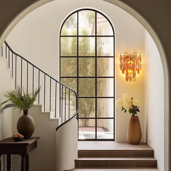 Brass Wall Sconce, Modern Gold Sconce Wall Lighting, Amber Glass Sconces for Bathroom, Luxury Wall Lights for Living Room, Wall Lamp for Bedroom, Vanity Light for Hallway, Staircase