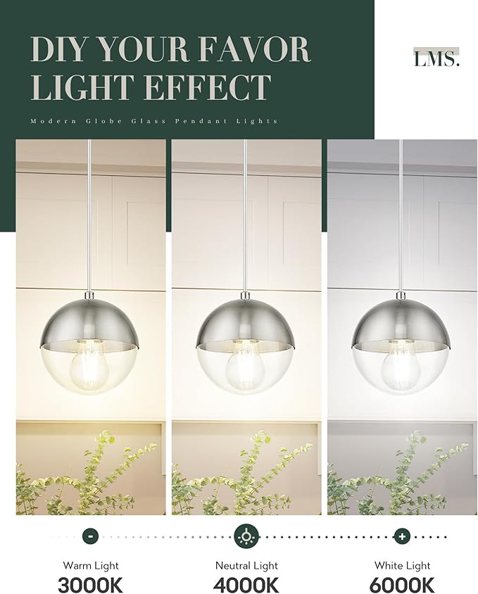 LMS 6-inch Industrial Pendant Light, Brushed Nickel Hanging Light Kitchen Island with Clear Globe Glass, Adjustable Hanging Pendant Light Fixtures for Dining Room Living Room Guest Room, LMS-186BNCS