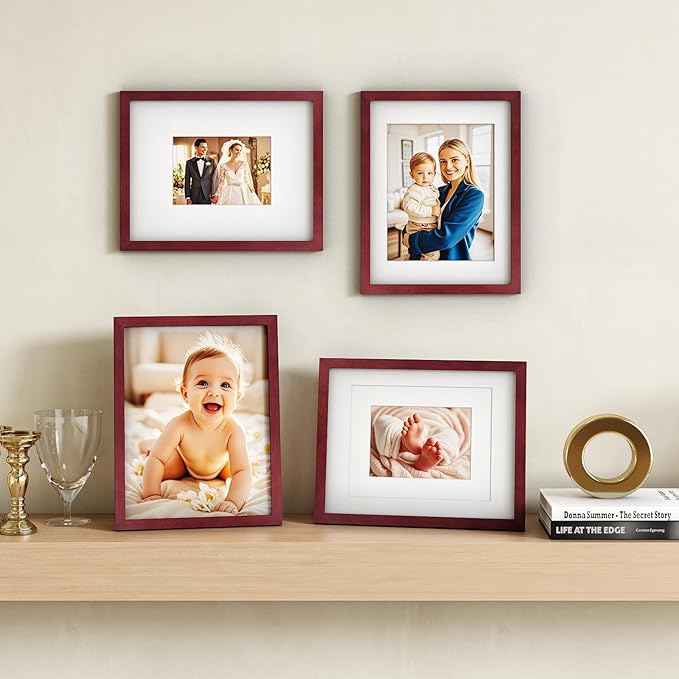 Egofine 11x14 Picture Frames 4 Pack Display Pictures 5x7/8x10 with Mat or 11x14 Without Mat Made of Solid Wood Covered by Plexiglass for Table Top Display and Wall Mounting Photo Frame, Cherry Red