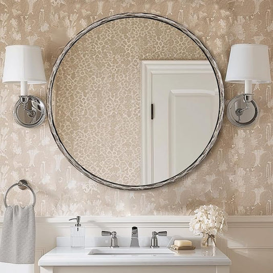 ANDY STAR 36 Inch Hand-Forged Round Mirrors with Metal Frame, Silver Large Round Wall Mirrors, Antique Circle Mirror, Solid Steel Frame, Anti-Rust, Vintage