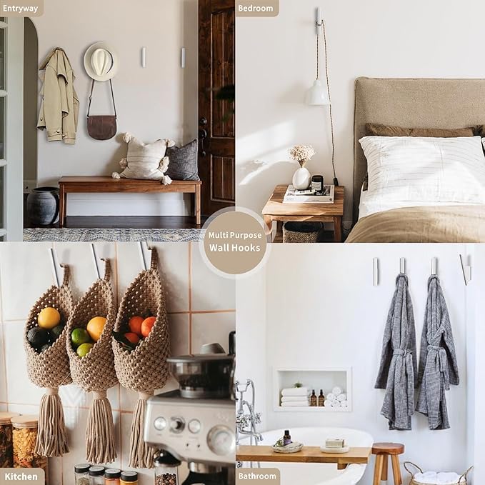 Wooden Wall Hooks 4 Pack Coat Hooks Mounted White Wooden Hooks for Wall Hanging Hat, Towel, Bag, Backpack, Decorative Wood Heavy Duty Hook for Entryway and Bathroom (White)