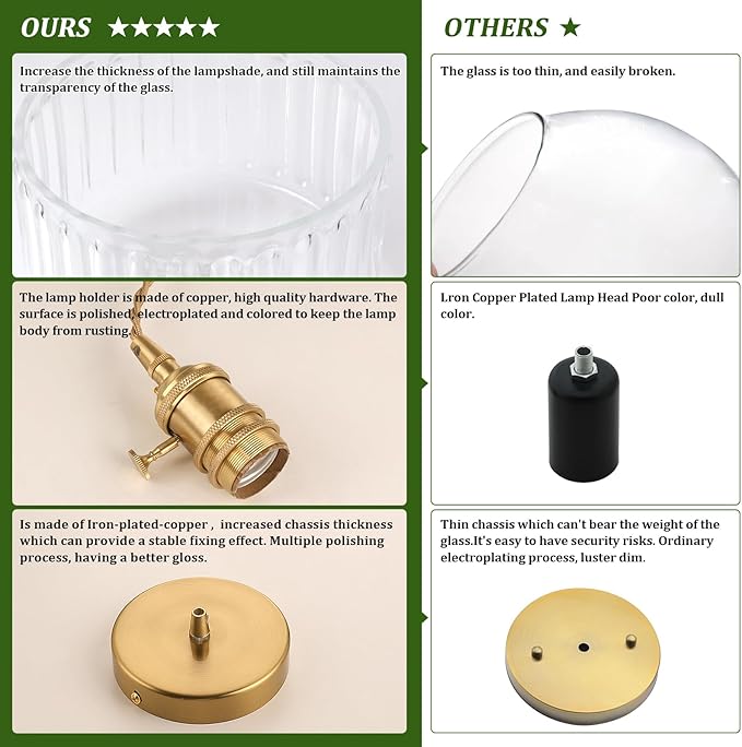 Pendant Light with Clear Striped Glass Lmapshade, Brass Vintage Pendant Light Adjustable Hanging Light for Kitchen Island Dining Room Hallway