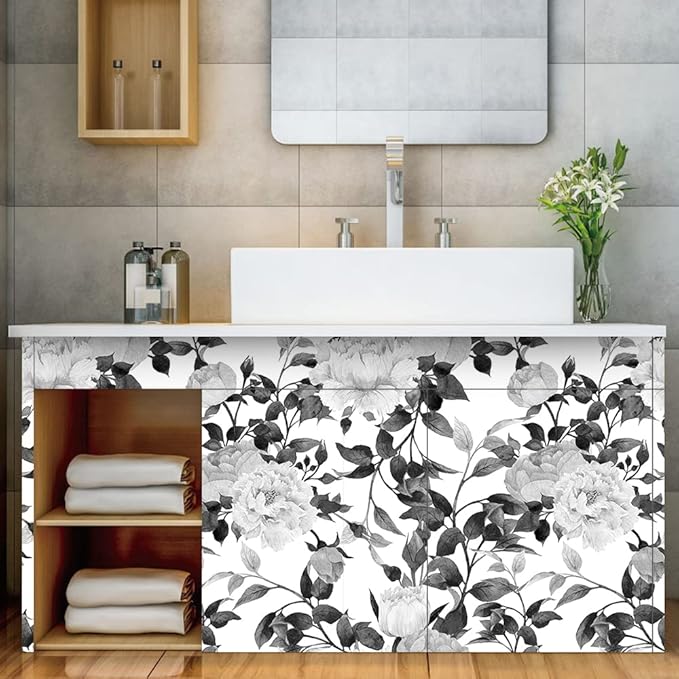 Floral Wallpaper Peel and Stick Black and White Wallpaper Self Adhesive Removable Vinyl Flower Contact Paper for Decorative Bedroom Home Wall (17.7"x118.1")