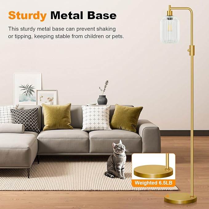 【Upgraded】 Dimmable Glass Floor Lamp for Living Room, Modern Gold Standing Lamp with Clear Ribbed Glass Lampshade & Knob Dimmer, Arc Tall Lamp for Bedroom Office Reading Room, 2700K Led Bulb Included