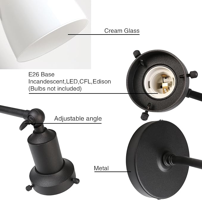 PERMO Industrial Vintage Slope Pole Single Sconce with 5.5" Oval Dome White Glass Shade Black Wall Sconce Wall Mount Light Lamp Fixture