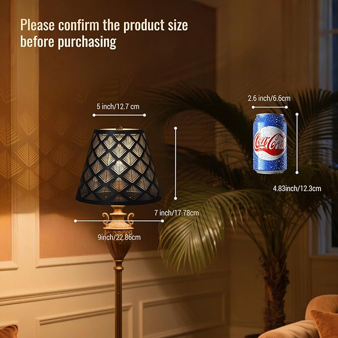 Small modern black gold lamp shades,metal boho scalloped lamp shade,Lamp shade replacement 5" top, 9" bottom, 7" high (Spider Fitter) lamp shades for table lamps and floor lamp,Unique arrow Etched