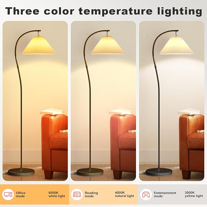 Modern Black Arc LED Floor Lamps, Bright 12W Three-Color Dimming, 14 Inch Pleated Lampshade, Living Room Corner Bedroom Bedside Office Standing Reading Lamp, Farmhouse Decoration, Warm Mood Lighting