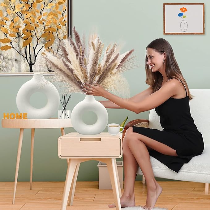 Ceramic Vases Set of 2,Modern Vases for Home Decor, White Boho Style for Living Room Kitchen Mantle Bedroom Dining Table Office Farmhouse Decorative Design