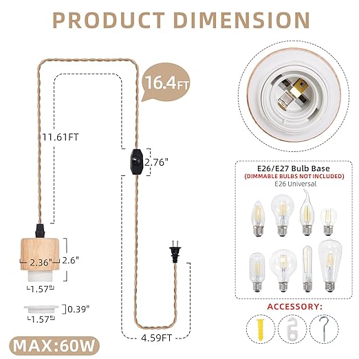 Arturesthome 16.4FT- Wood Pendant Light Cord Kit with Dimmable Switch,Vintage Industrial Hanging Plug in Lamp Cord with Twisted Nylon Rope Socket E26 E27 for Farmhouse Lamp Cable Retro DIY