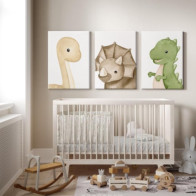 Dinosaur Wall Art Kids Boys Room Canvas Wall Decor Dino Nursery Wall Art Pictures Baby Dinosaur Poster Prints for Boys Bedroom Bathroom 12x16 Inch Framed Set of 3