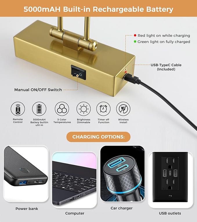 Joossnwell Picture Lights for Wall Battery Operated Art Light for Painting Wireless with Remote Rechargeable Brass Gallery Lighting 15.43 Inch for Portrait Library Artwork