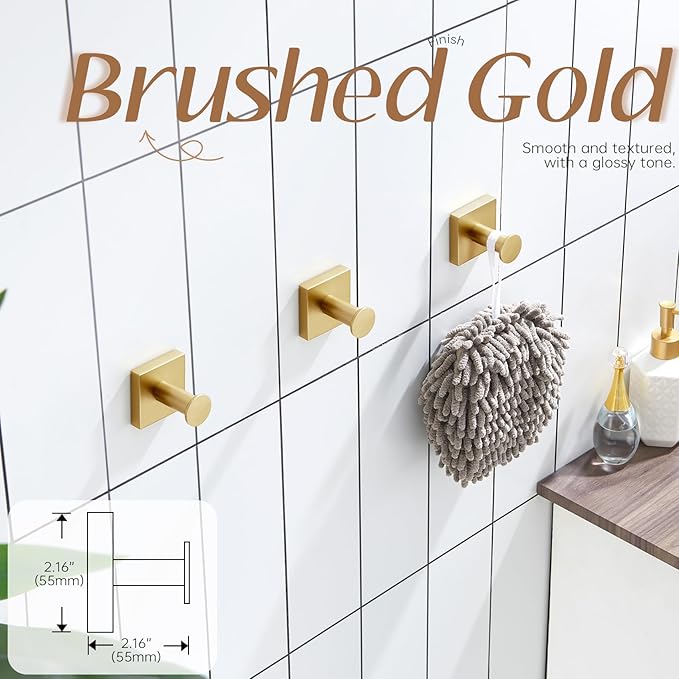 KOKOSIRI Bath Towel Hooks for Shower Wall Hanging Towels Bathroom Robe Hooks for Door Kitchen Closet Brushed Gold Stainless Steel 3 Pack, B1016BG-P3