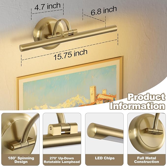 Modern Dimmable Picture Lights for Wall 15.75 Inch Hard-Wired LED Picture Frame Lights for Paintings Gallery Light with Adjustable Swing Arm Display Lights For Artwork, 7W, 2700K, Warm White - Brass