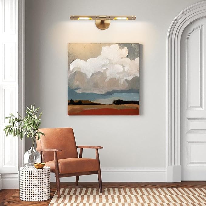 Brushed Brass Picture Lights for Wall,19 Inch Hardwired Knurled Gallery Light, Rotatable 360° Modern Gold Wall Lights for Pictures Bathroom Living Room Bedroom, E12 Bulbs Included(1 Pack)