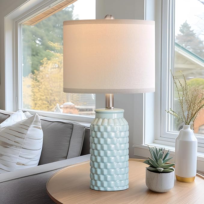 20.5" Light Blue Modern Ceramic Bedside Lamp Set of 2 for Bedroom Decor Farmhouse Table Lamp for Living Room Office Dorm