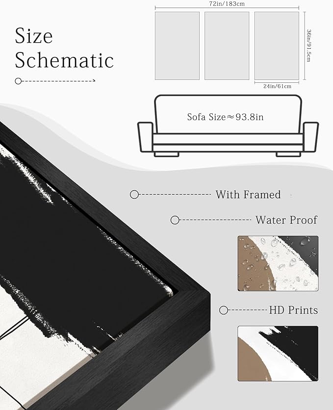 KUVIOKE Neutral Abstract Framed Wall Art Beige Mid Century Textured Wall Decor Minimalist Line Modern Illustrations Art Print Home Decor 24x36in (Black Framed)