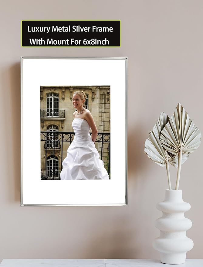 A4(21x29.7cm) Silver Metal Picture Frame with Mat for 6x8'' Set of 2, 8.3 x11.7'' Narrow Silver Plated Photo Frames With Soft Touch Velvet Backing for Desktop and Wall Décor