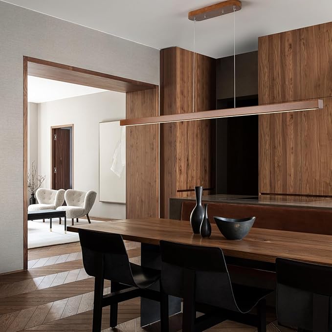 71" Walnut Wood Linear Pendant Light Dimmable LED Chandelier 40w Remote Adjustable Hanging Height Modern Farmhouse Minimalist Fixture for Kitchen Island Dining Room & Bar