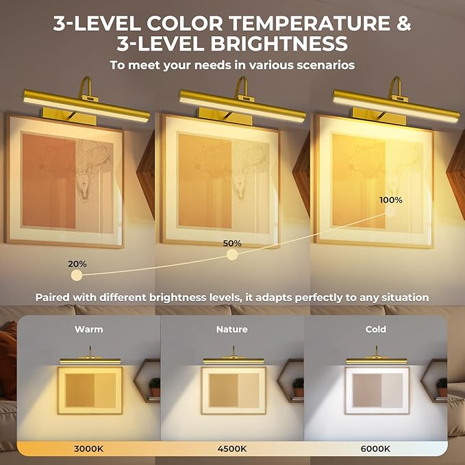 Cordless Picture Light for Wall, Battery Operated Art Light with 3CCT Dimmable, 5200mAh Battery Wall Sconce with Remote & Timer, 13in LED for Paintings, Gallery Artwrok, Picture Display - Golden