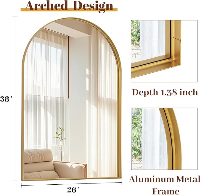 26" x 38" Luxury Arched Bathroom Mirror - Arch Wall Mirror with Shatterproof Tempered Glass and Metal Deep Frame, Hanging or Leaning for Living Room, Dresser, Entrance and Hallway, Gold