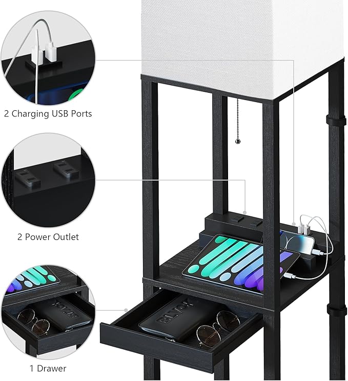 SUNMORY Floor Lamp with Shelves, RGB Light Dimmable Standing Lamp with APP Control, Tall Shelf Lamp for Living Room and Bedroom, Home Decor (Black)