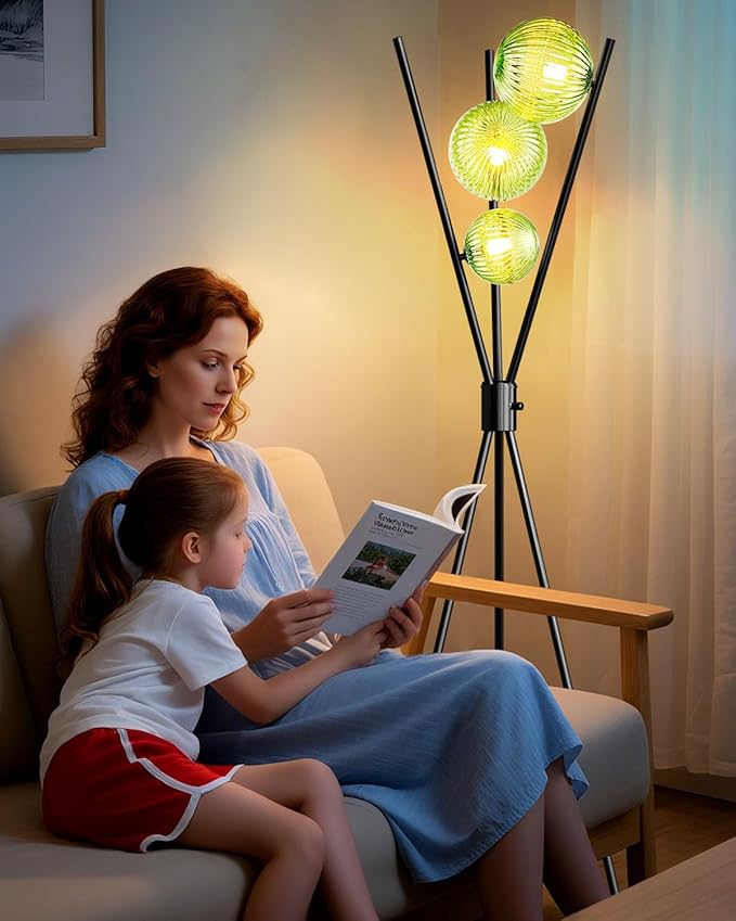 Lightdot 60IN Dimmable Black Tripod Floor Lamp, Mid Century Standing Lamps with 3 Globe Green Glass Lampshade, 3000K Bulbs Included Modern Tall Lamp for Living Room Bedroom