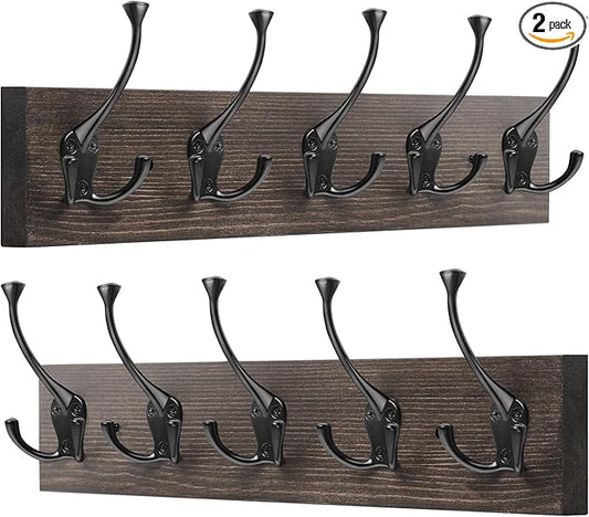 IBosins 2 Pack Coat Rack Wall Mount, 17'' Old Wood Color Coat Hanger, Rustic Wooden Metal Coat Hooks Rail for Entryway Living Room Coat Jacket Scarf Bag Towel Hat