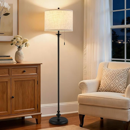 Luvkczc Black Floor Lamp, 60" Standing Lamp Tall Lamp with Fabric Lampshade&Pull Chain Corner Floor Lamps for Living Room, Bedroom & Office Bulbs Not Included