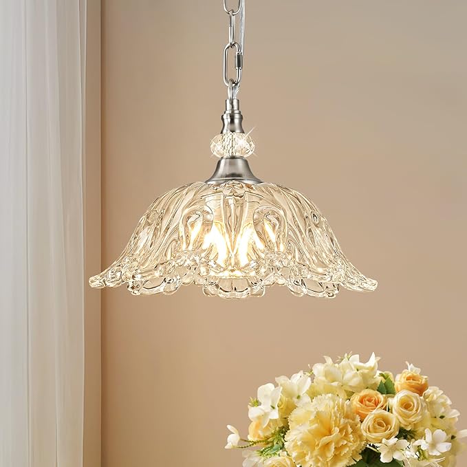 1 Piece Brushed Nickel Chandelier Light Fixtures with Crystal Glass Shade,Brushed Nickel Finish Pendant Light,Hanging Light for Dining Room,Hallway,Living Room,Bedroom