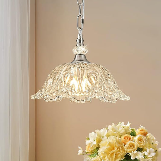 1 Piece Brushed Nickel Chandelier Light Fixtures with Crystal Glass Shade,Brushed Nickel Finish Pendant Light,Hanging Light for Dining Room,Hallway,Living Room,Bedroom