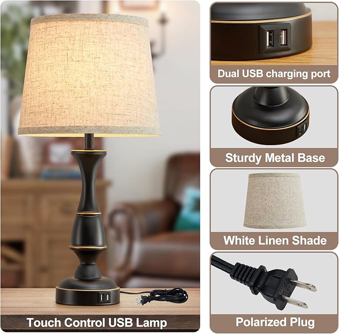Luvkczc Touch Table Lamps Set of 2, 22" Tall Bedside Lamps with Dual USB A Ports, 3 Way Dimmable Nightstand Lamps for Bedroom, Living Room, Office, Black Lamps with Beige Lampshade, Bulb Included