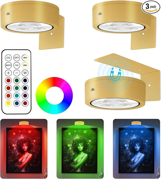 3Pcs Picture Light Battery Operated, 13 RGB Color Magnetic Led Art Display Light for Picture Frame Artworking, Wireless Painting Light with Remote Control, Party Wall Decorative Lighting, Gold-RGB