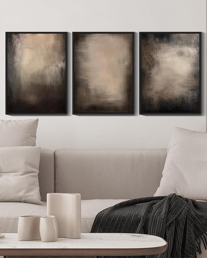 KUVIOKE Abstract Framed Wall Art Set Earthy in Deep Brown and Beige Tones Modern Art Decorative Home Decor 11x14in (Black Framed)