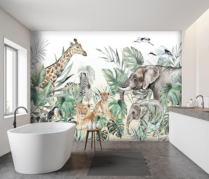 -Tropical Rainforest Plants Animals Tigers Fabric Wallpaper Jungle Plants Banana Leaves Boys Girls Kindergarten Children Bedroom Large Mural- 137"x96"（ not Peel and Stick）