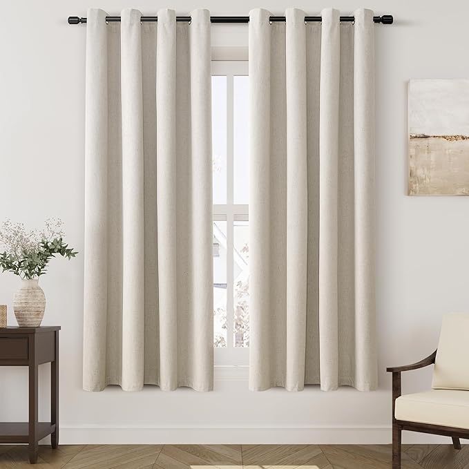 100% Blackout Linen Curtains for Bedroom Thermal Insulated Grommet Complete Blackout Drapes 63 Inch Length 2 Panels Set Heat and Full Light Blocking Living Room Darkening Curtains Greyish Beige