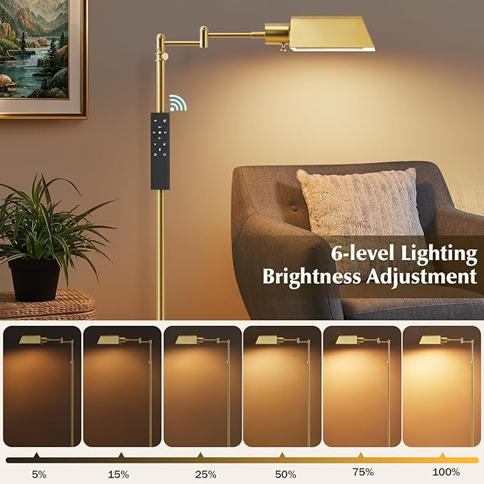 GyroVu Traditional Height Adjustable Pharmacy Floor Lamp with 350° Swing Arm, 3 Color Temperature Adjustable Standing Lamp Metal Shade for Living Room Reading House Bedroom Home Office(Gold)