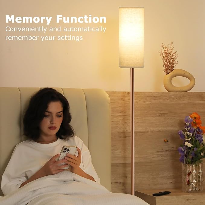 Ambimall 64'' Floor Lamps for Living Room with Remote Control and Stepless Dimmable Colors Temperature & Brightness, 9W Bulb Included(Beige Lampshade & Brown Pole)