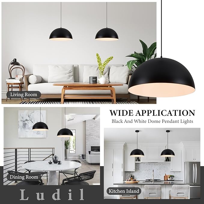Industrial Pendant Lighting for Kitchen Island, 16 Inch Black and White Metal Dome Pendant Light Fixtures, Farmhouse Hanging Light Fixture E26 Base for Dining Room Foyer Entryway Cafe, 2 Pack