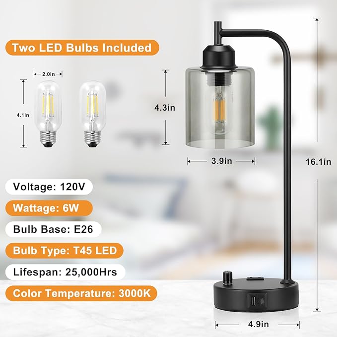 Industrial Desk Lamps for Office Set of 2 - Fully Dimmable Bedside Lamps with USB A C Ports and Outlet, Black Nightstand Lamps with Grey Glass Shade for Living Room, Table Lamps for Bedrooms Reading