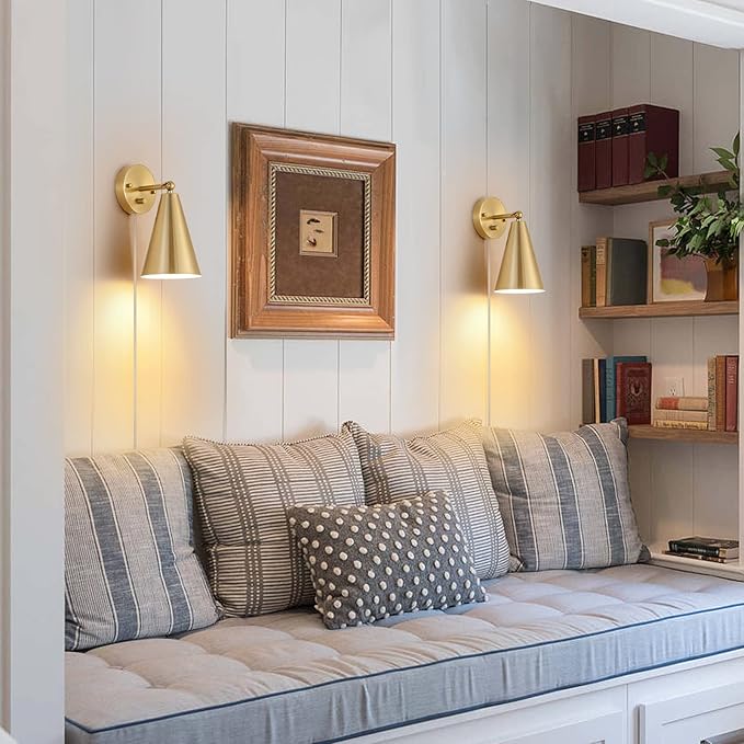 MWZ Gold Wall Sconces Set of Two Plug in,Brass Modern Dimmable Sconces Adjustable Angle Lights with Metal Shade and Dimmer On/Off Rotary Switch, Wall Mounted Light for Bedroom Bedside Stairway