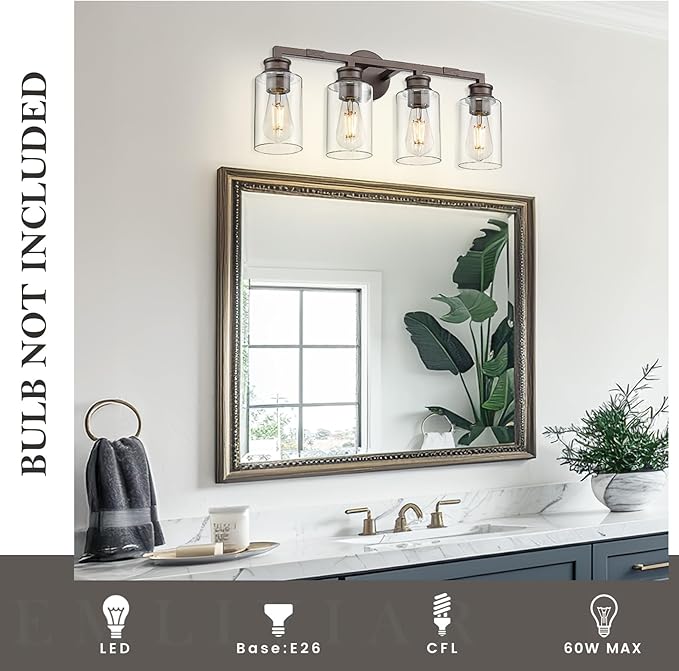 Emliviar 23 Inch Vanity Light Above Mirror for Bathroom, Oil Rubbed Bronze Finish 4-Light Wall Sconce with Clear Glass Shade, YCE253B-4W ORB