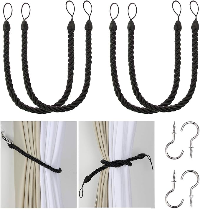 BEL AVENIR Curtain Tiebacks Ropes Tie-Backs, Handmade Curtain Holdbacks (Black, 4pack)
