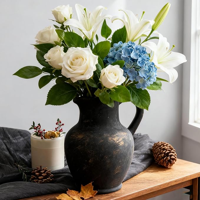 Ceramic Rustic Farmhouse Vase with Handle, Terracotta Vase, Minimalist Decorative Vases for Home Decor, Table, Living Room, Shelf, Christmas Decoration(Bronze)