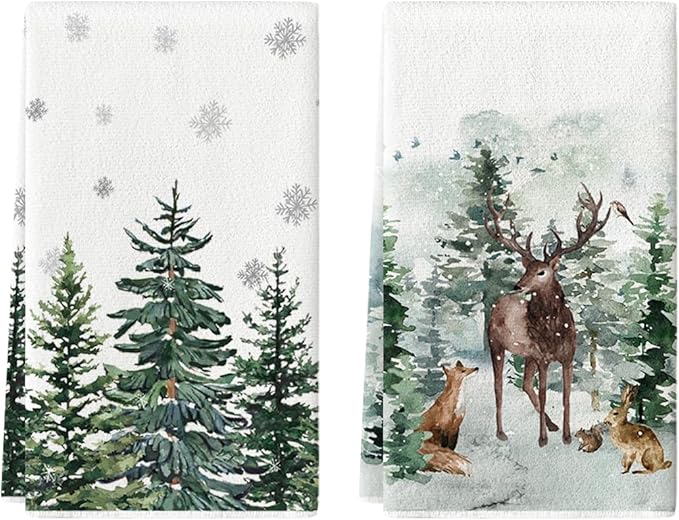 Artoid Mode Elk Trees Snow Hello Winter Kitchen Towels Dish Towels, 18x26 Inch Seasonal Christmas Decoration Hand Towels Set of 2
